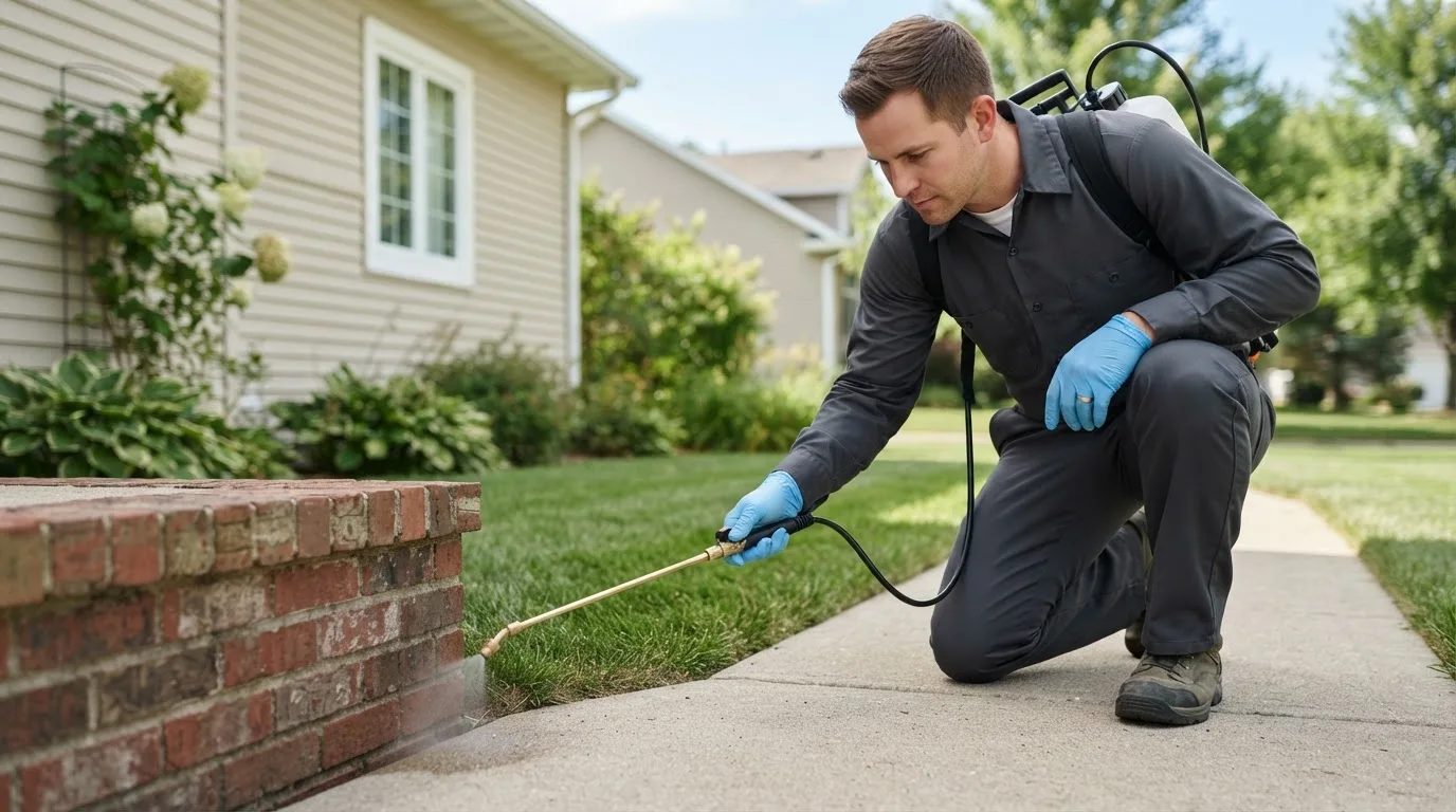 Pest control technician treating a home near New Pine Creek, OR
