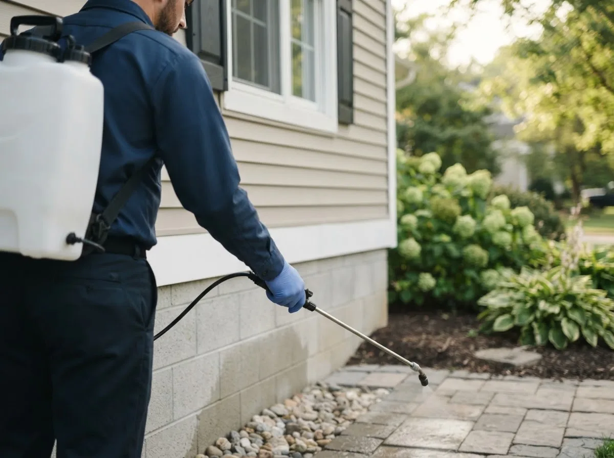 Pest control technician inspecting a home in New Pine Creek, OR